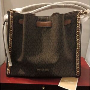 👑👜🔥MK Michael Kors Mina Large Belted Gold Chain Shoulder Bag Brown‼️🔥